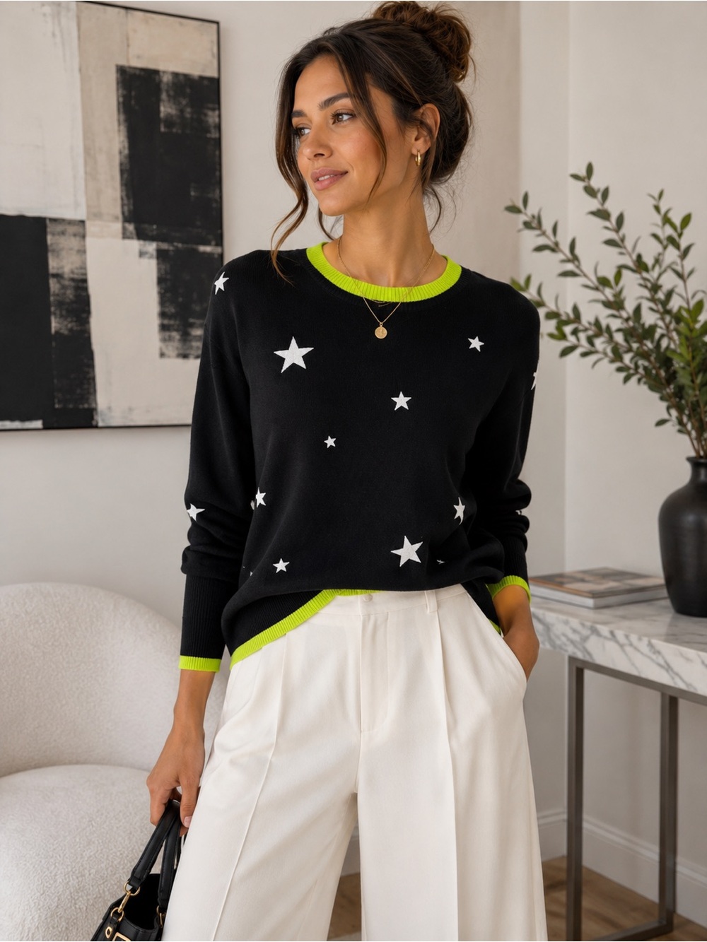 Central Park West NYC Star Print Contrast Trim Sweater Size S Cotton Blend